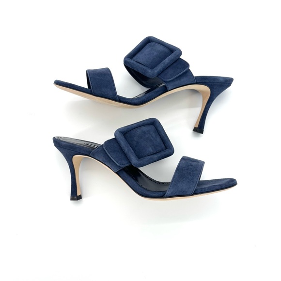 NIB Manolo Blahnik Gable Denim Navy Suede Buckle Detail Mules Slip On Sandals 36 - Picture 5 of 8